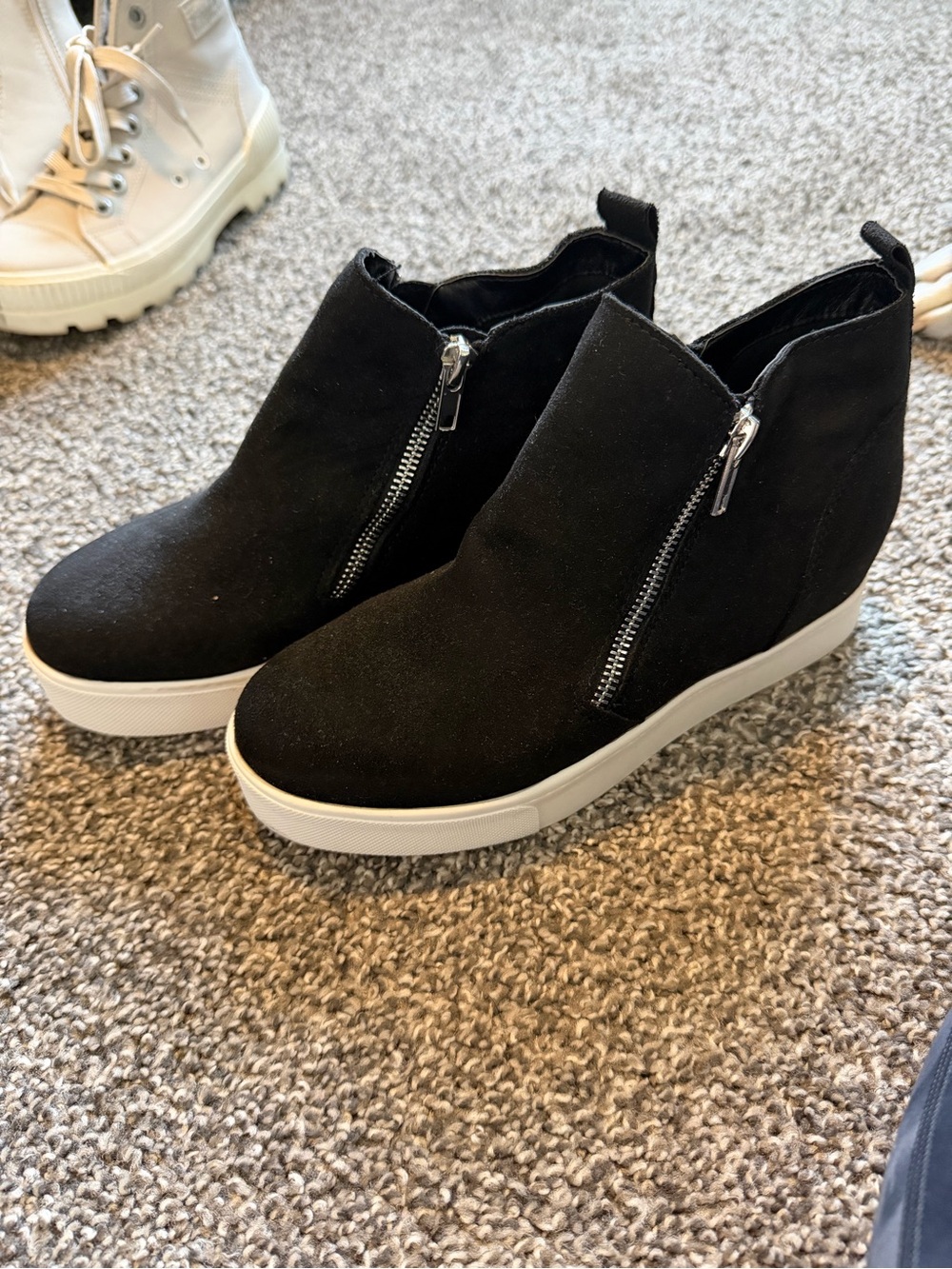 Soda Black Suede Wedge Sneaker Boot with Side Zips